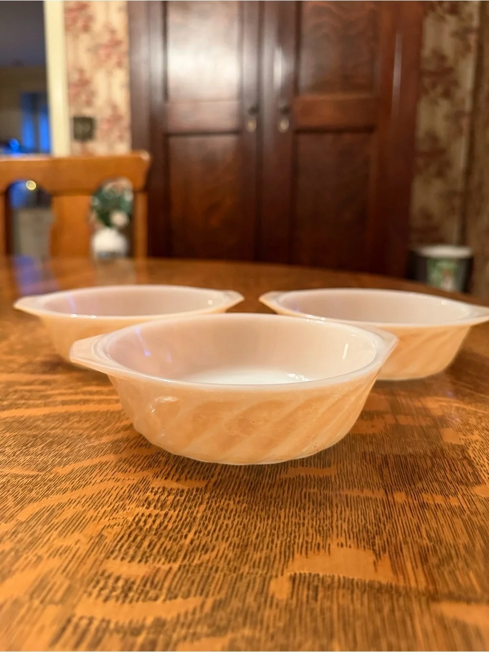 Vintage Anchor Hocking Fire-King Peach Lustre Swirl Bowls Set of 3 MCM